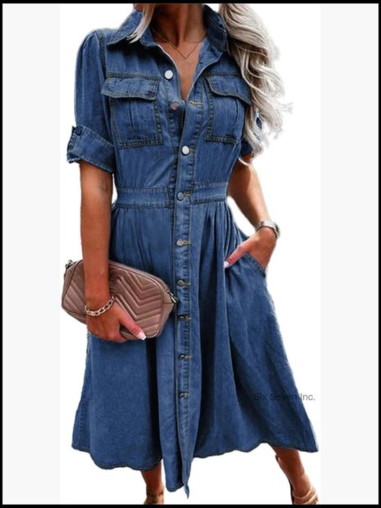 Dresses & Skirts - Denim Shirt Dress V-Neck Short Sleeve A-Line with Pockets